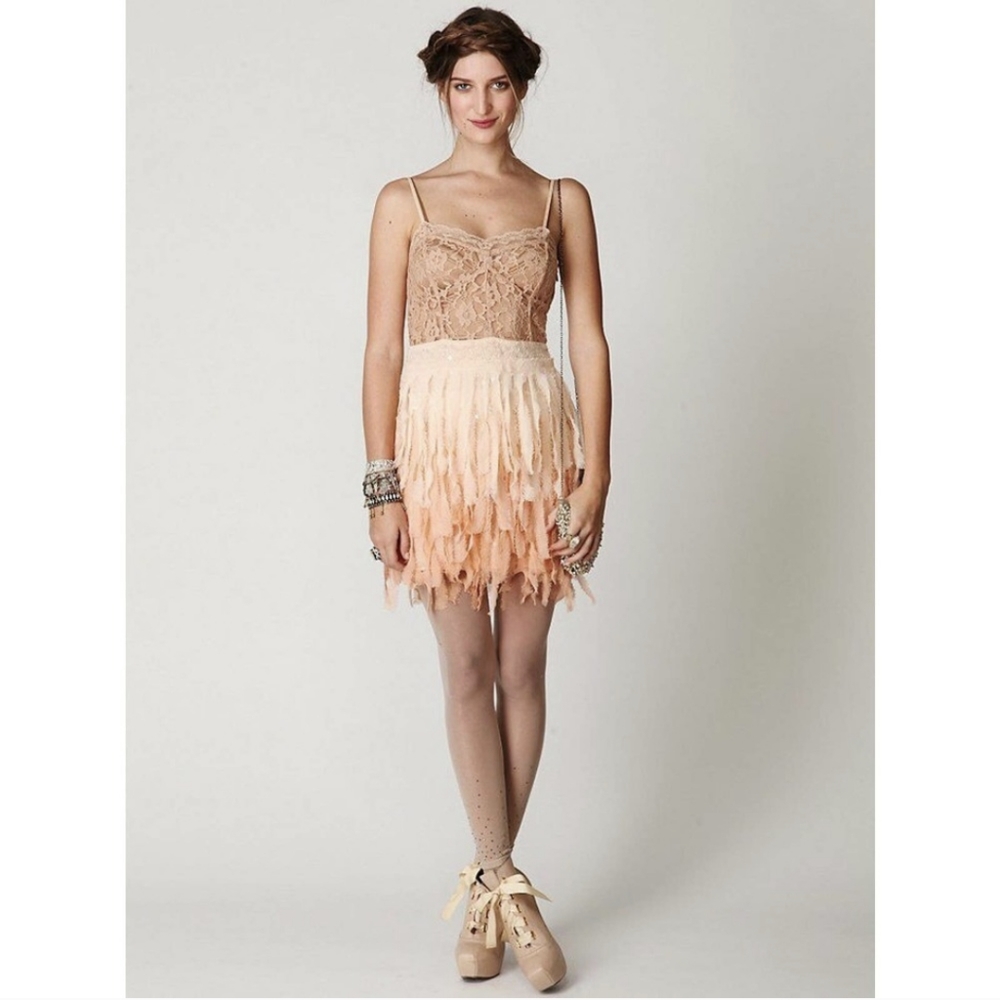 Free People Intimately Feather Lace Chiffon Mini Dress XS Peach Pink